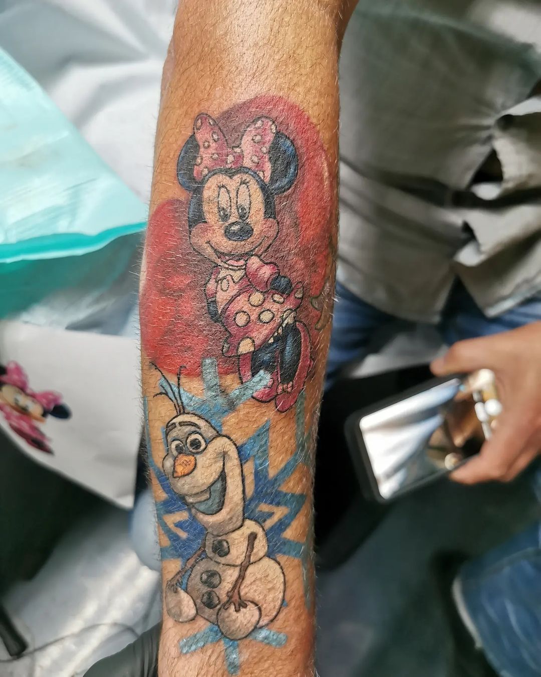 Olaf and Mini Mouse Tattoo by Wen at Crimson Empire Tattoo in Edmonton Alberta Canada