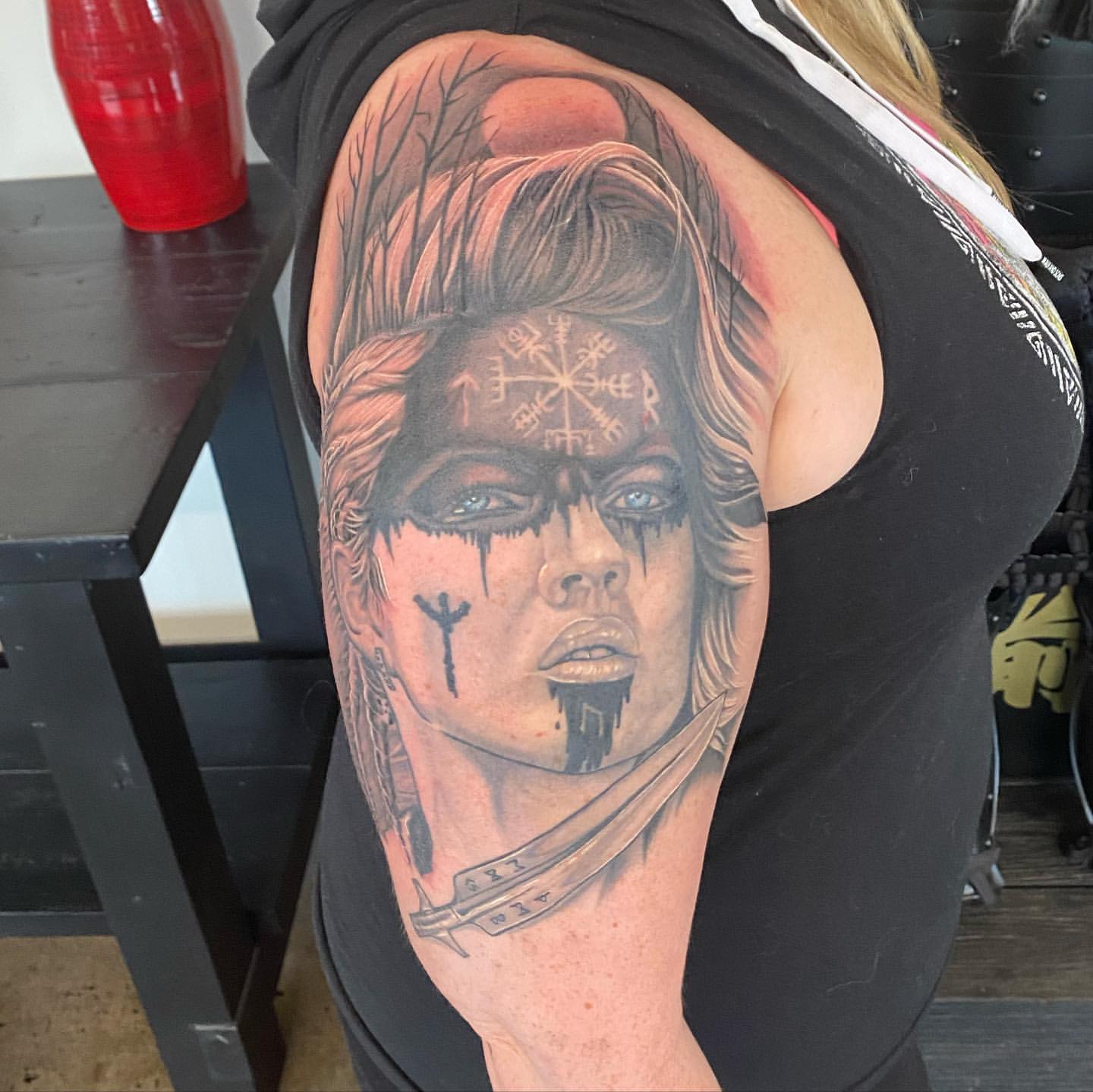 Warrior Woman Tattoo by Dale Moostoos at Crimson Empire Tattoo in Edmonton Alberta Canada
