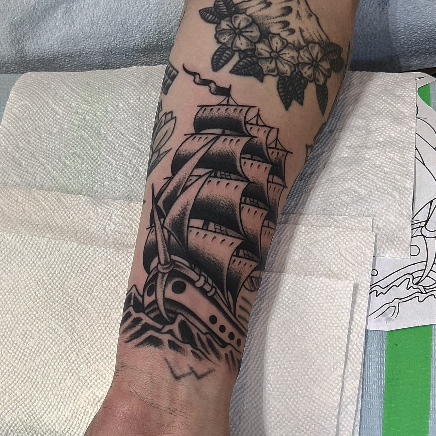 Ship Tattoo by Chris Benson at Silver Ghost Tattoo in Edmonton Alberta Canada