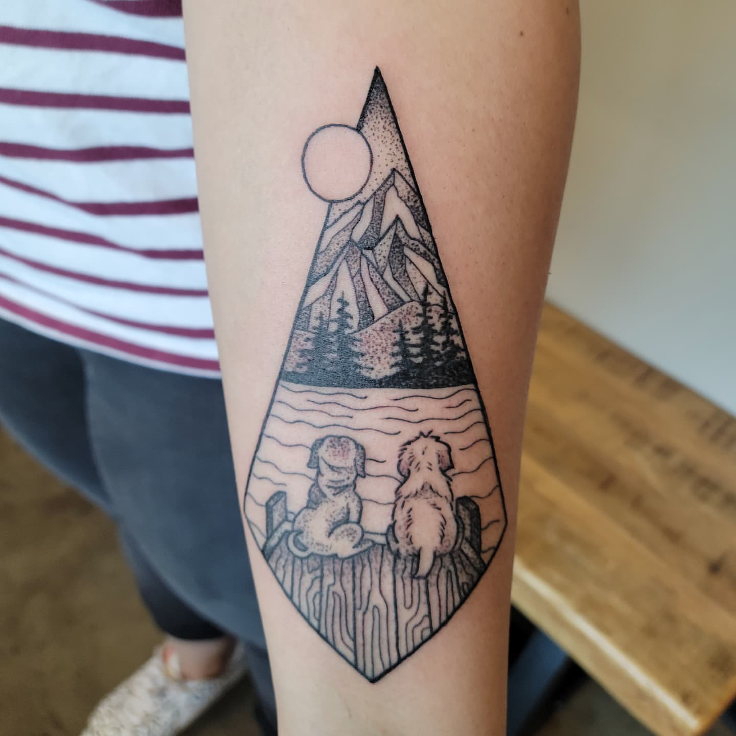 Dogs on a Pier Tattoo by Sheila Anderson at Crimson Empire Tattoo in Edmonton Alberta Canada