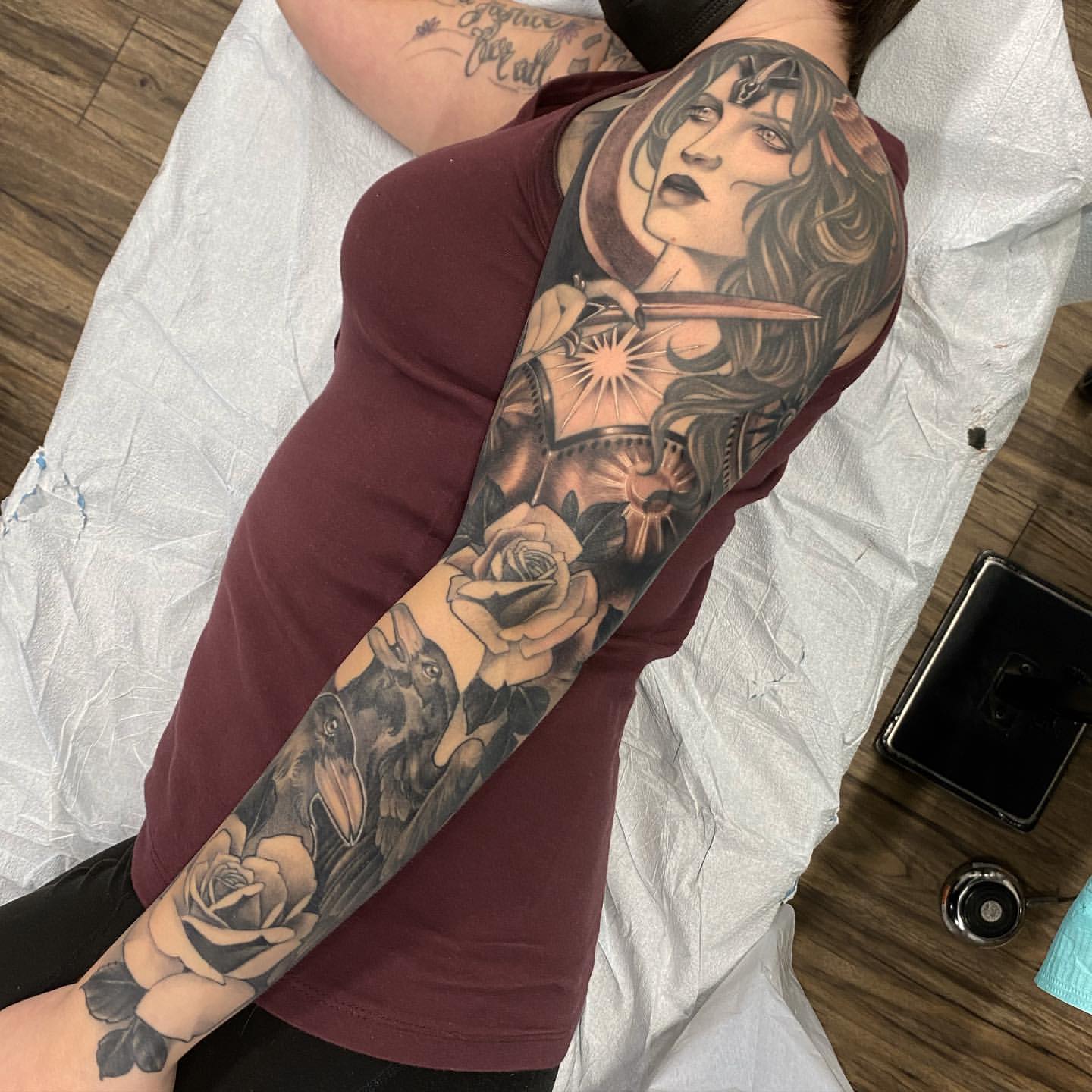 Valkyrie and Ravens Sleeve by Sasha Day at Black Gold Tattoo Co in Edmonton Alberta Canada