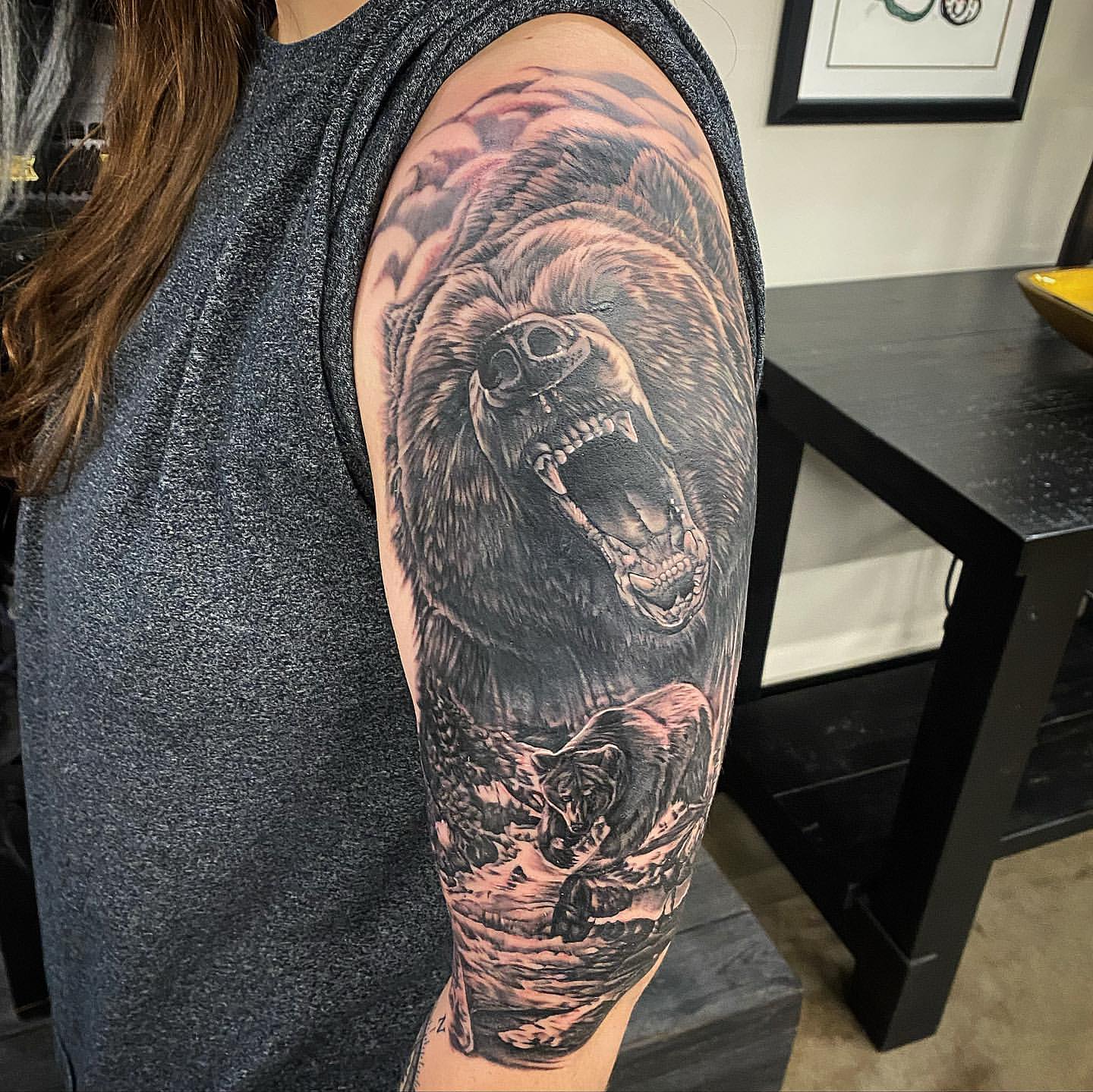 Bear Tattoo by Dale Moostoos at Crimson Empire Tattoo in Edmonton Alberta Canada
