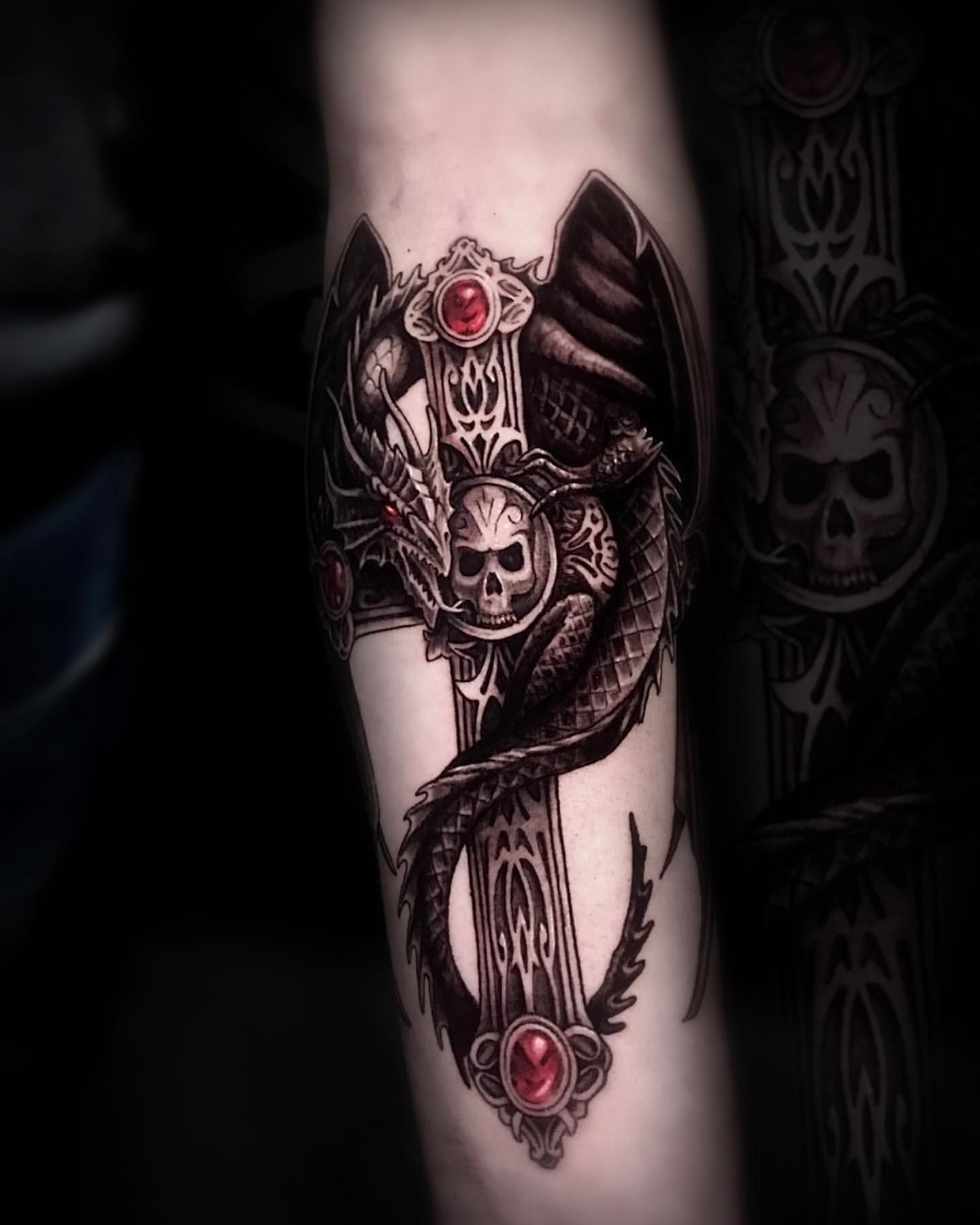 Dragon and Cross Tattoo by Jackson Sukhov at Black Gold Tattoo Co in Edmonton Alberta Canada