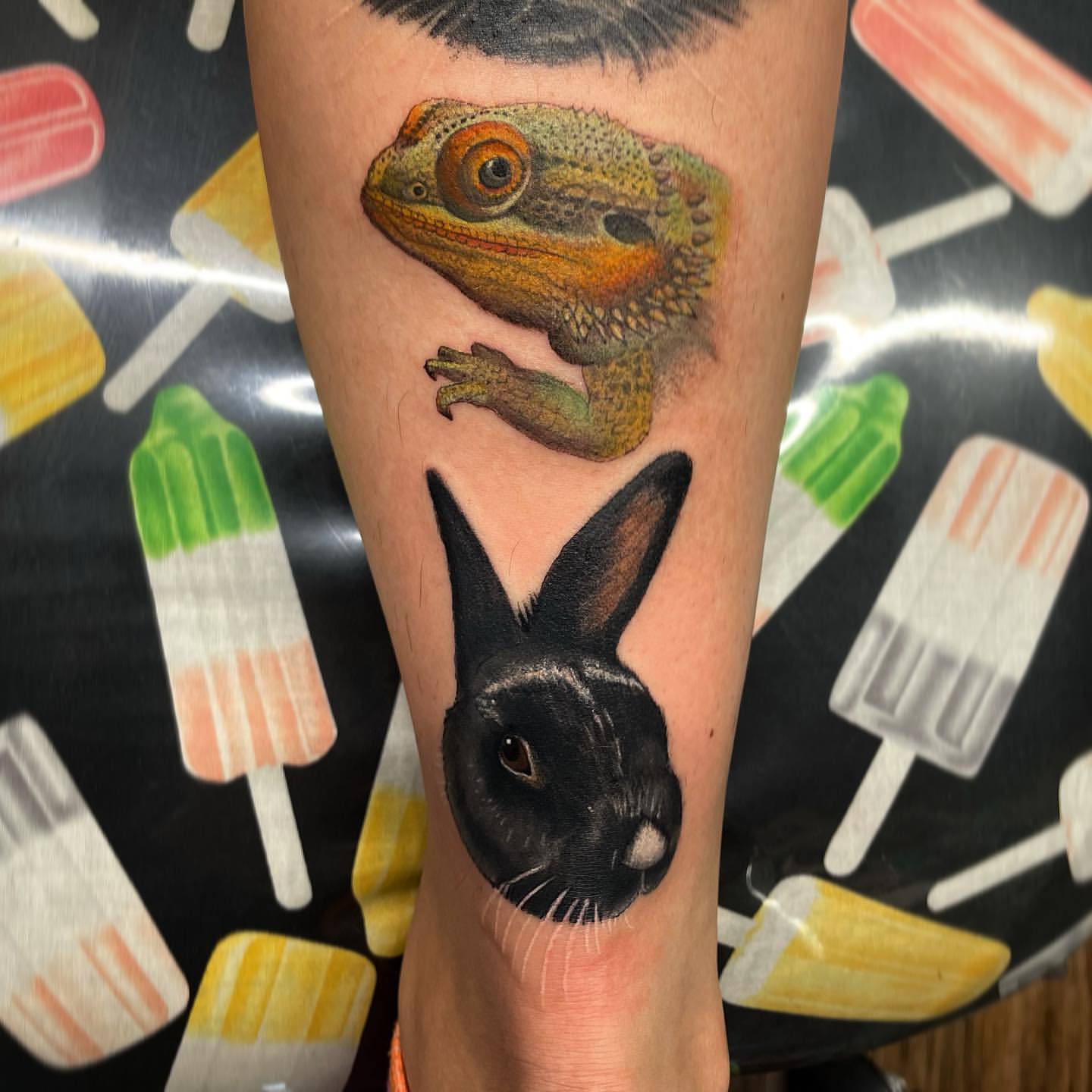 Bearded Dragon and Bunny Portraits Tattoo by Jess Alther at Black Gold Tattoo Co in Edmonton Alberta Canada