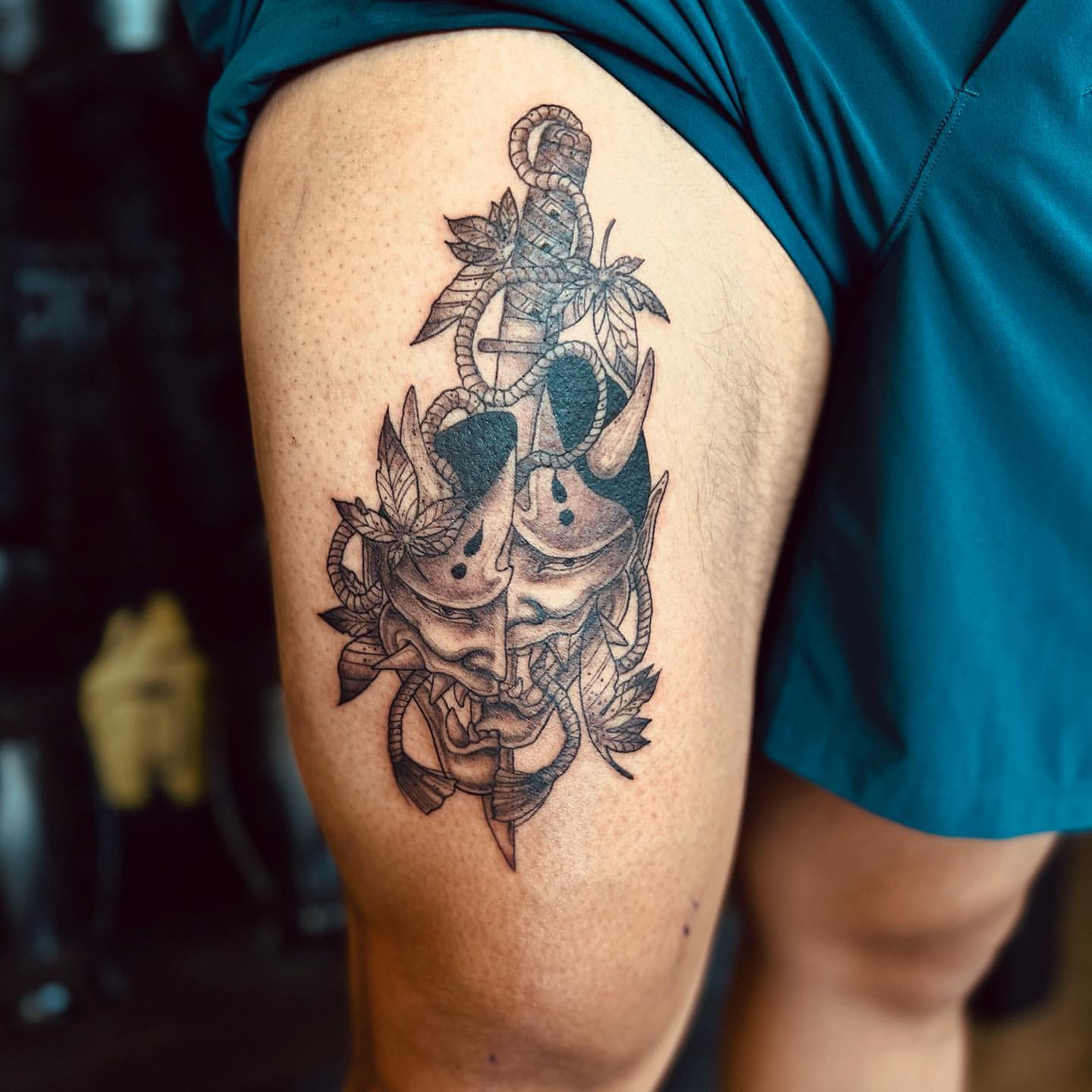 Split Oni Mask with Tanto by Vinny Nguyen at Crimson Empire Tattoo in Edmonton Alberta Canada