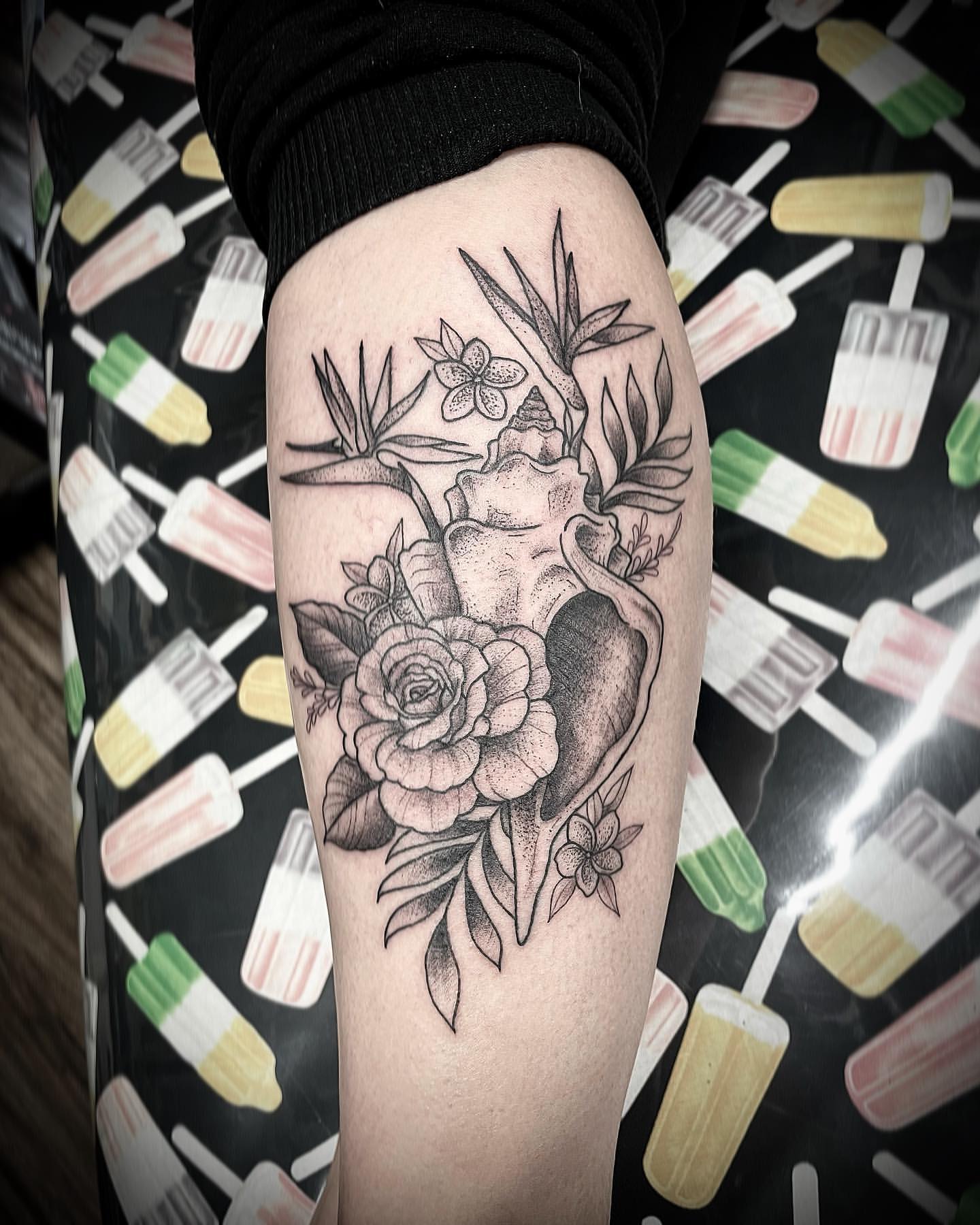 Seashell and Floral Tattoo by Jess Alther at Black Gold Tattoo Co in Edmonton Alberta Canada
