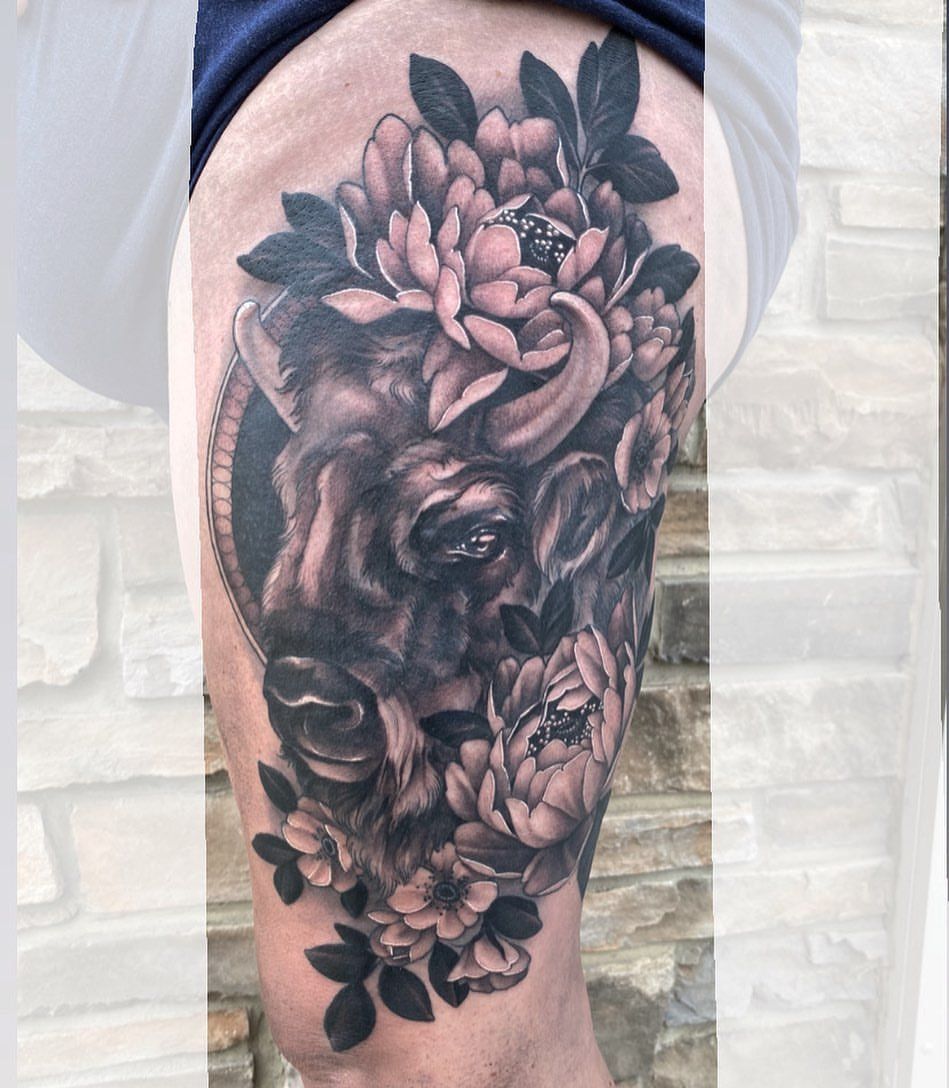 Bison and Floral Tattoo by Sasha Day at Black Gold Tattoo Co in Edmonton Alberta Canada