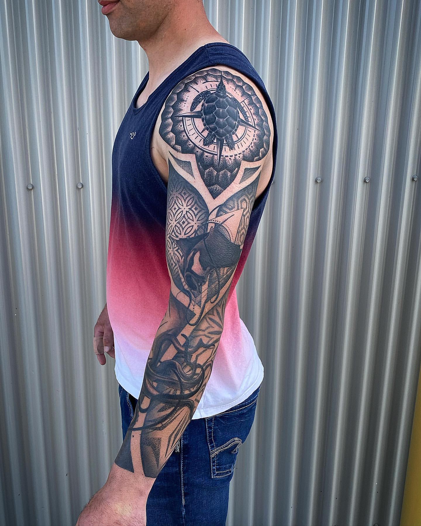 Geometric Sleeve by Dale Moostoos at Crimson Empire Tattoo in Edmonton Alberta Canada