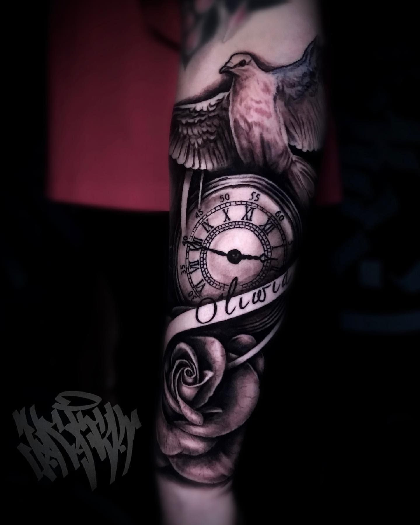 Clock, Rose and Dove Tattoo by Jackson Sukhov at Black Gold Tattoo Co in Edmonton Alberta Canada
