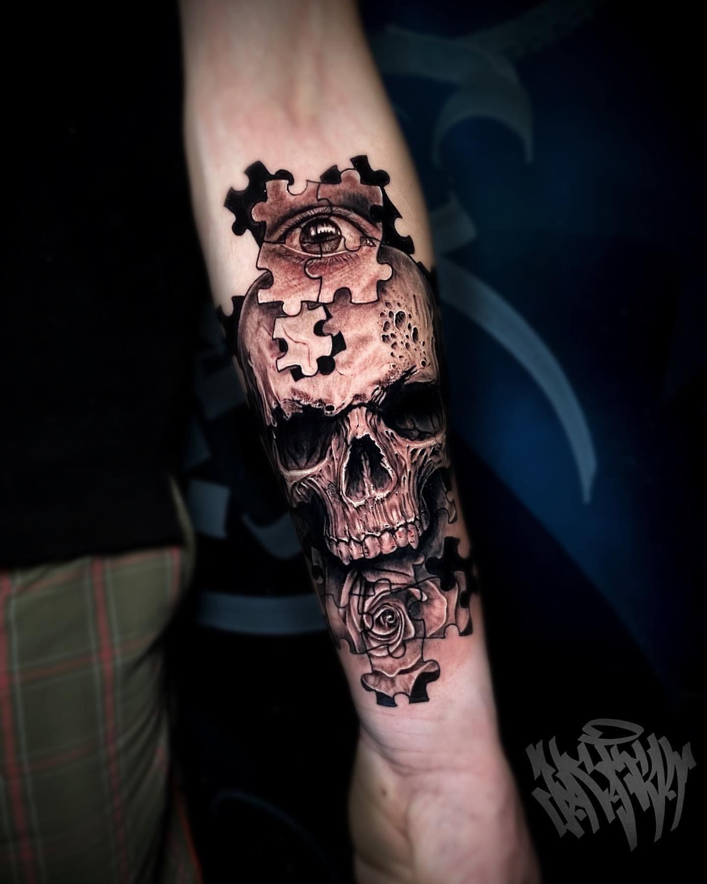 Skull, Eye and Rose Tattoo by Jackson Sukhov at Black Gold Tattoo Co in Edmonton Alberta Canada