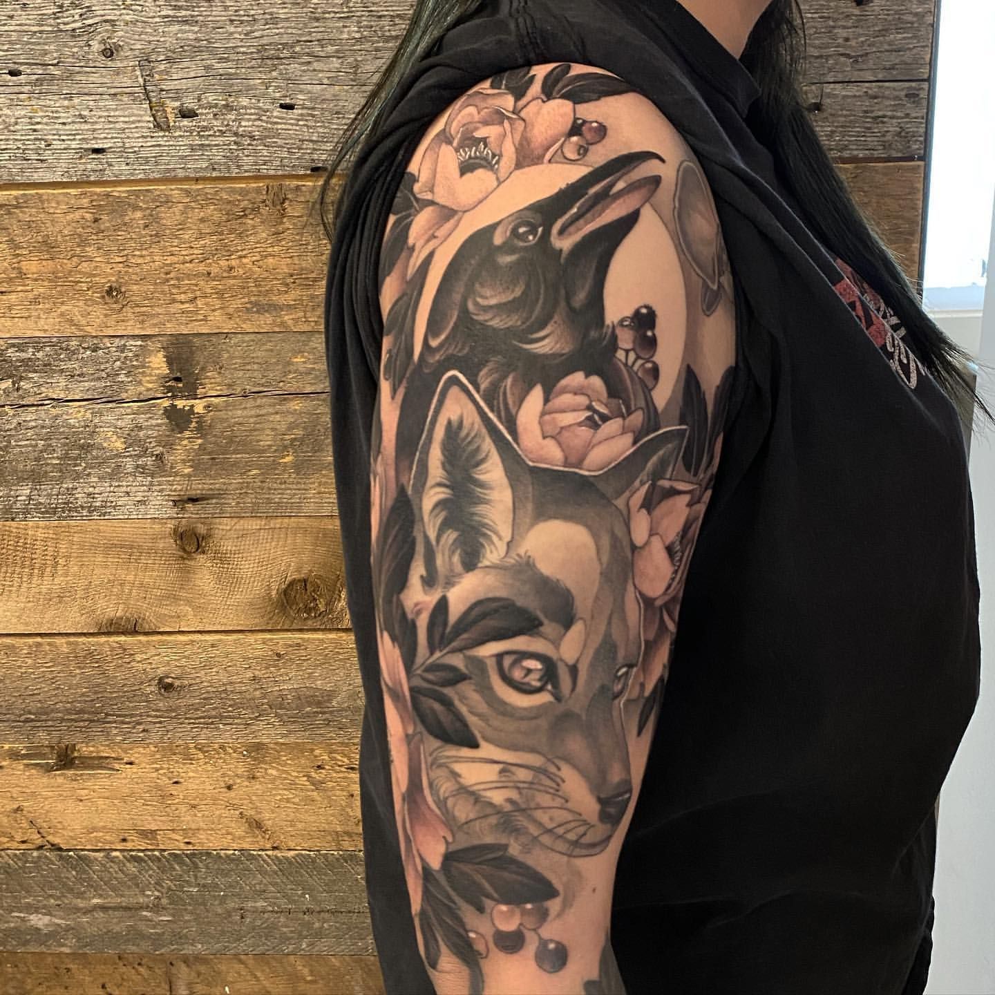 Fox and Raven Tattoo by Sasha Day at Crimson Empire Tattoo in Edmonton Alberta Canada