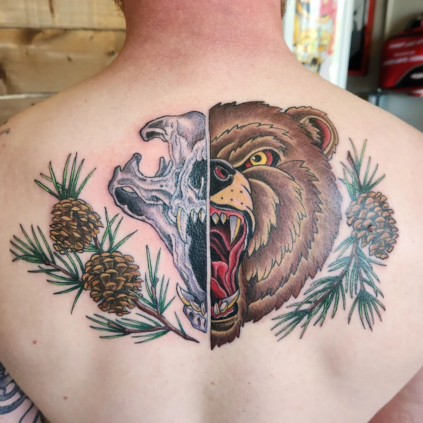 Bear and Skull Tattoo by Sheila Anderson at Crimson Empire Tattoo in Edmonton Alberta Canada