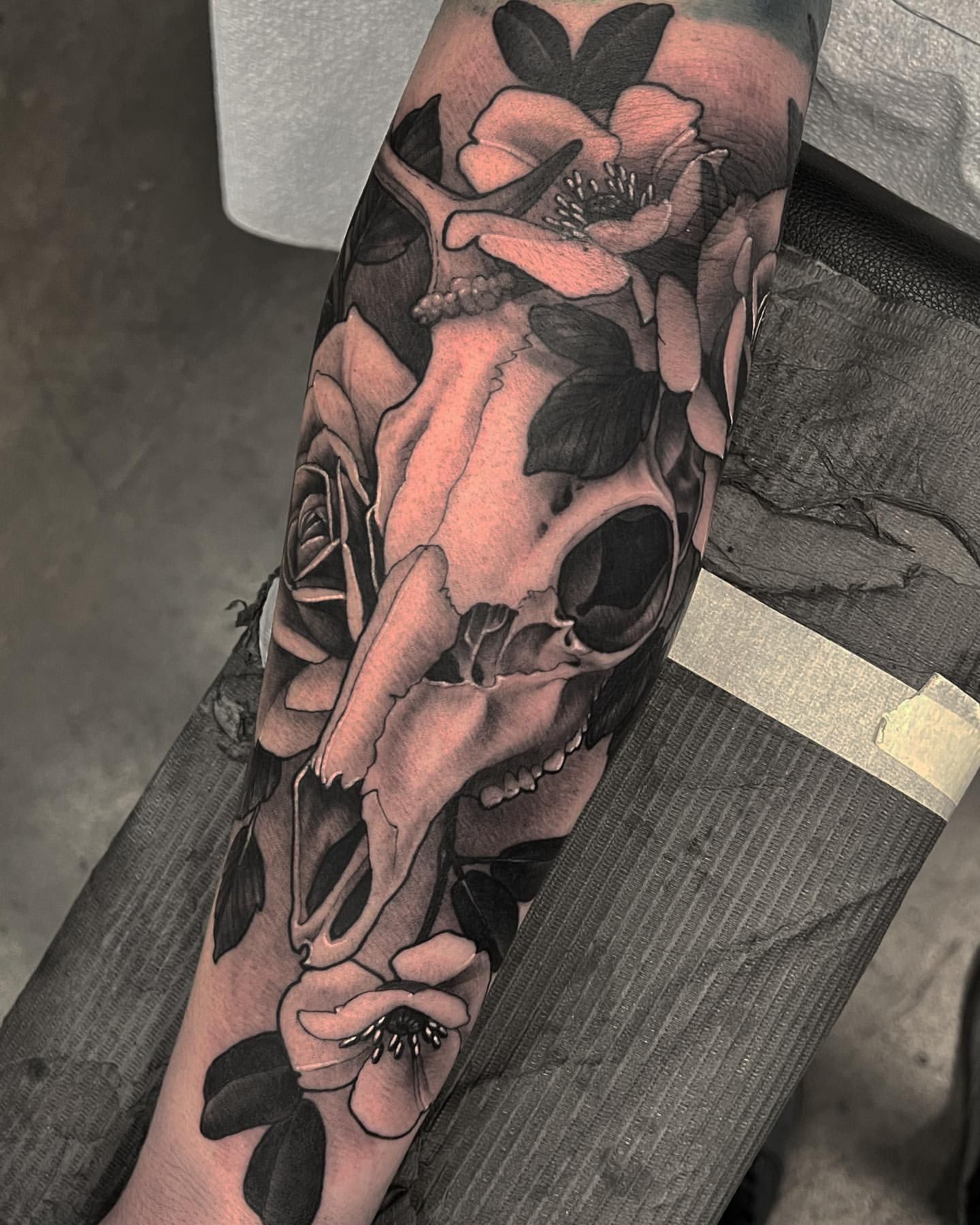 Deer Skull and Floral Tattoo by Sasha Day at Crimson Empire Tattoo in Edmonton Alberta Canada
