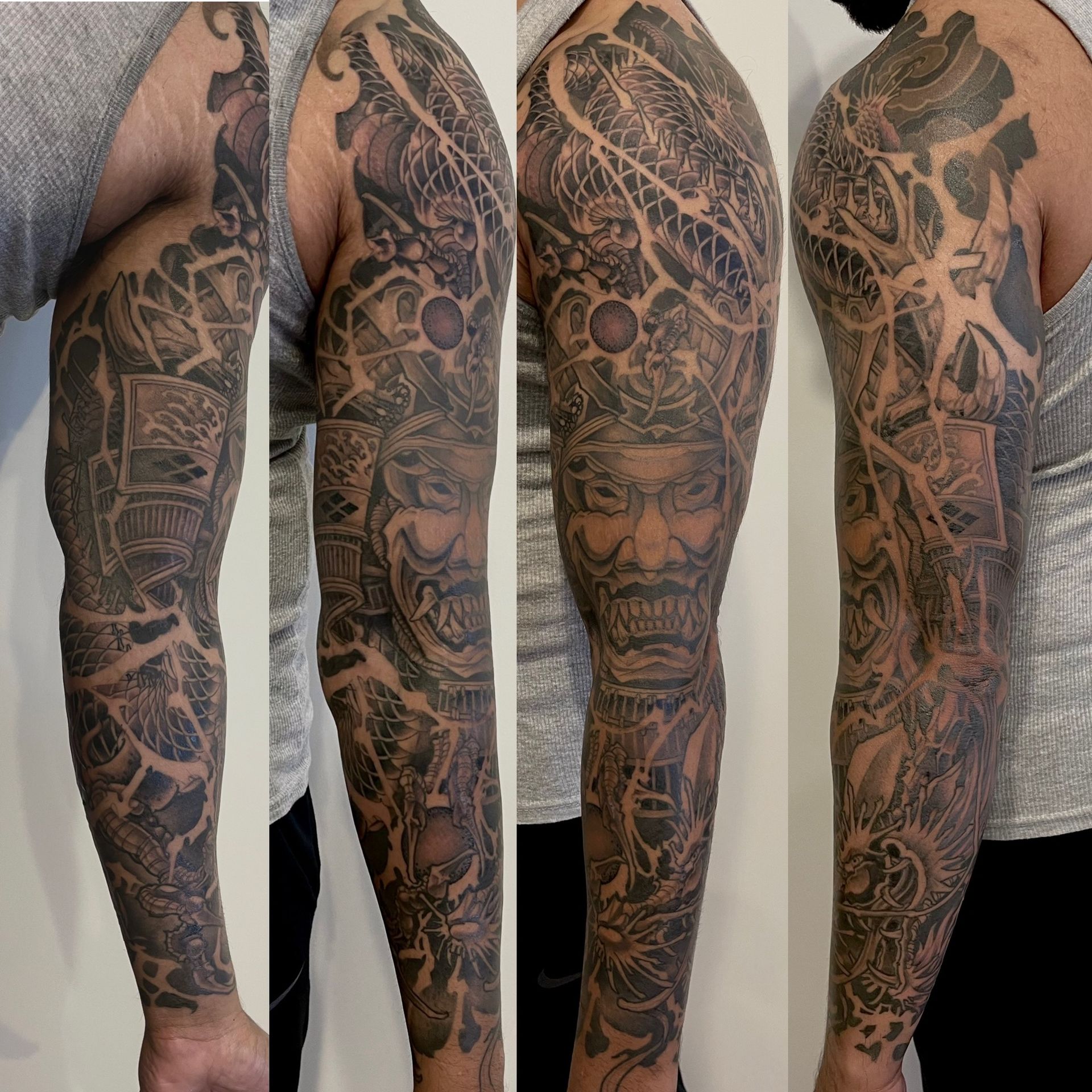 Dragon and Hannya Sleeve by Brain Dangerfield at Black Gold Tattoo Co in Edmonton Alberta Canada