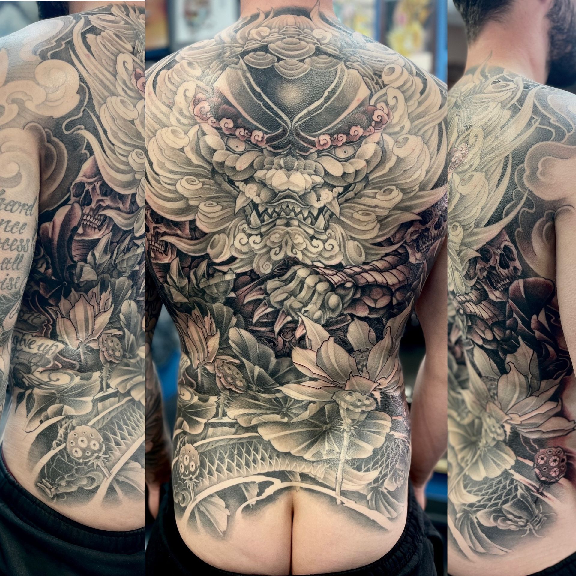 Fudog Backpiece by Brain Dangerfield at Black Gold Tattoo Co in Edmonton Alberta Canada