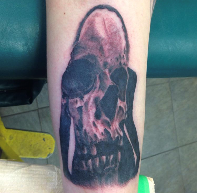 Skull and Lady Figure Tattoo by Trevor Pelletier at Black Gold Tattoo Co in Edmonton Alberta Canada