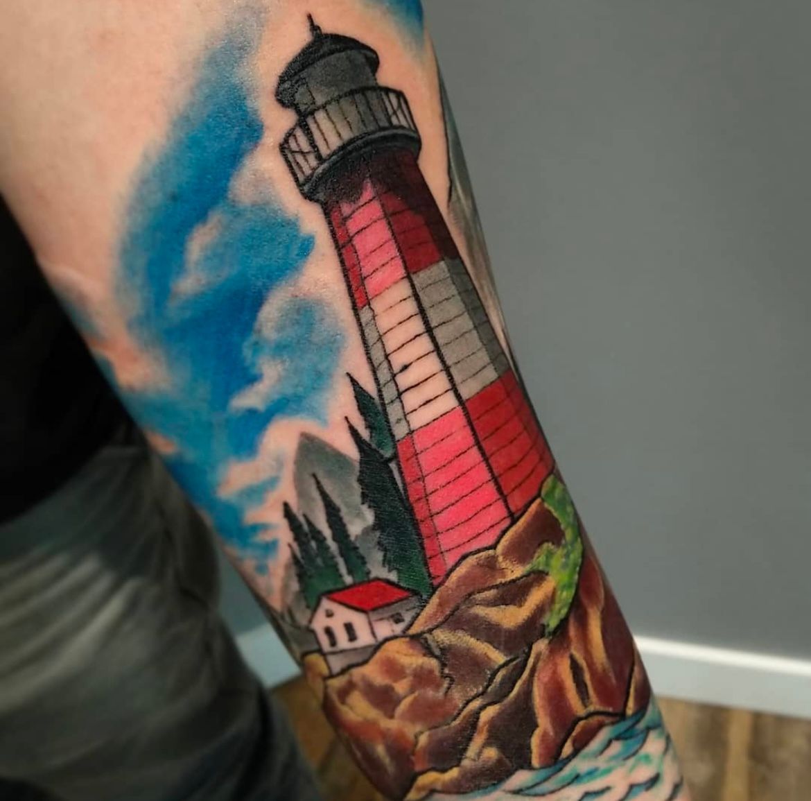 Lighthouse Tattoo by Toby Shipman at Silver Ghost Tattoo in Edmonton Alberta Canada