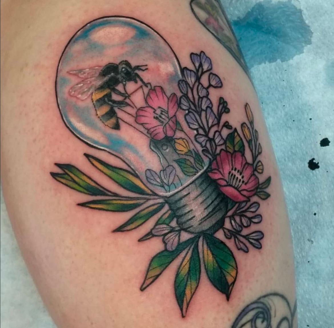 Bee and Floral Tattoo by Toby Shipman at Silver Ghost Tattoo in Edmonton Alberta Canada