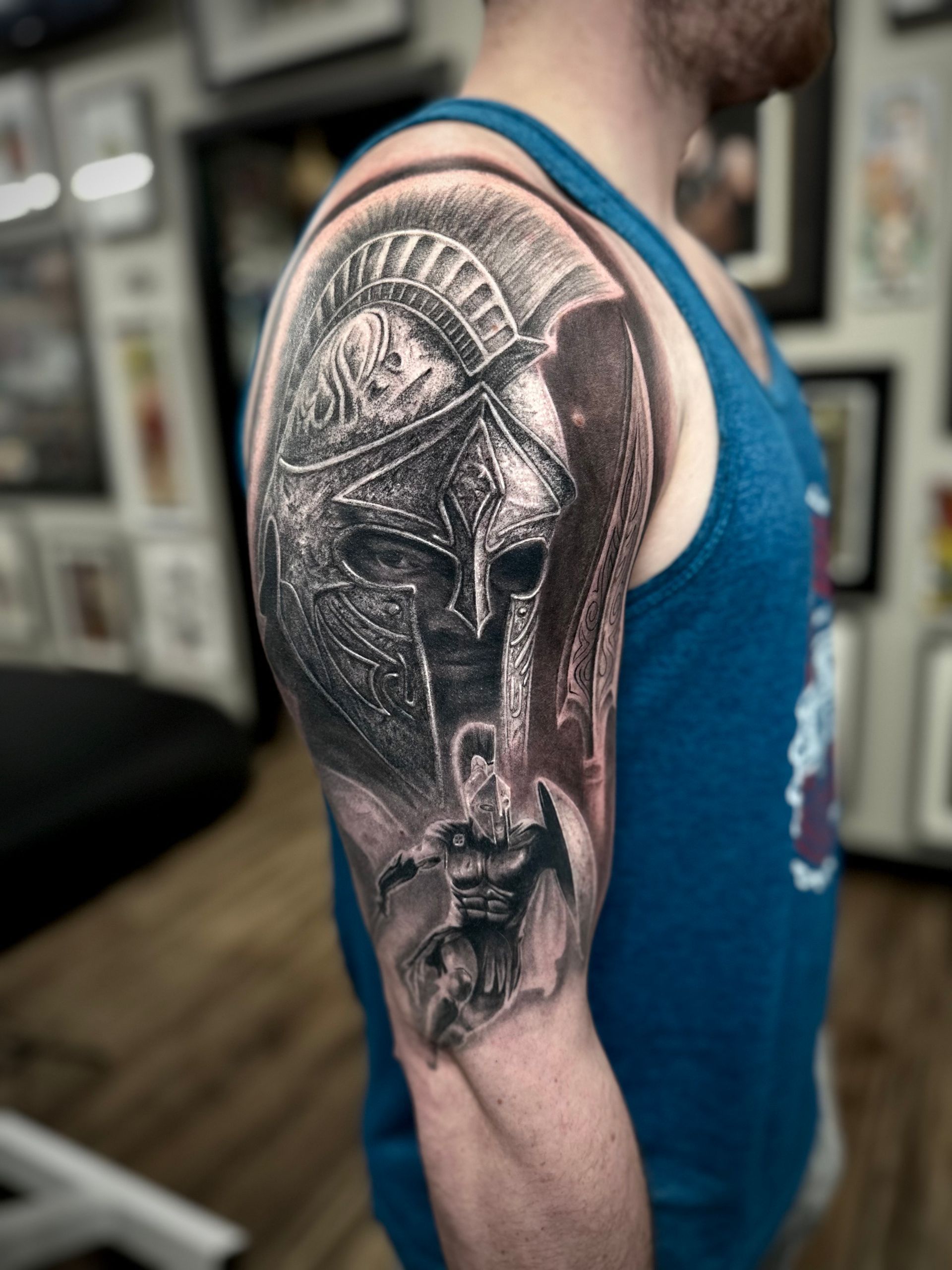 Spartan Warrior Tattoo by Jackson Sukhov at Black Gold Tattoo Co in Edmonton Alberta Canada