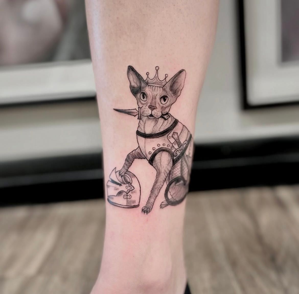 Cat in Armour Tattoo by Jess Alther at Black Gold Tattoo Co in Edmonton Alberta Canada