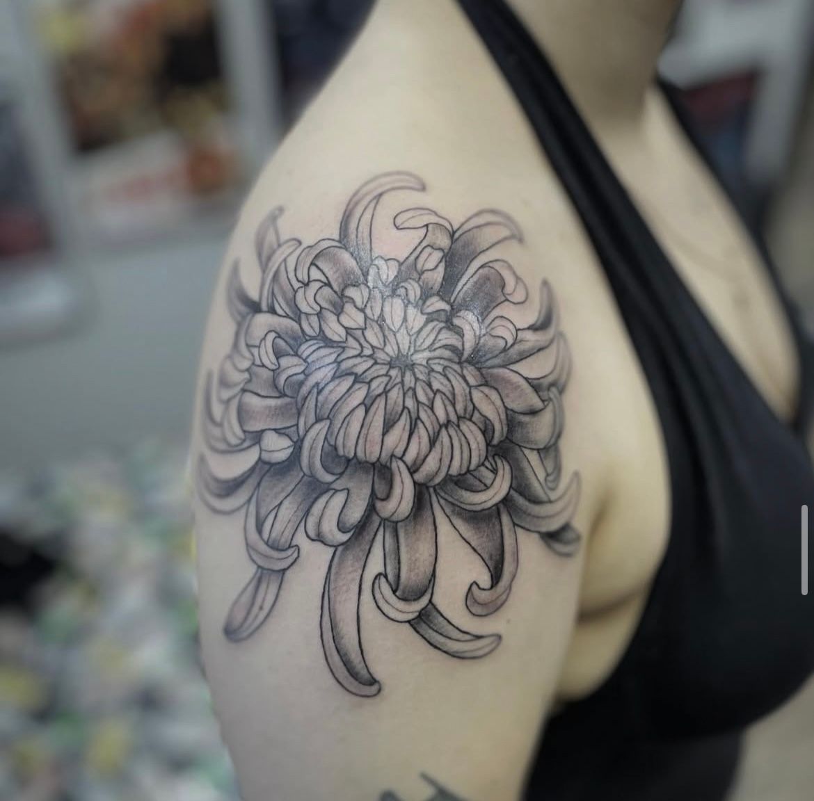 Chrysanthemum Tattoo by Jess Alther at Black Gold Tattoo Co in Edmonton Alberta Canada