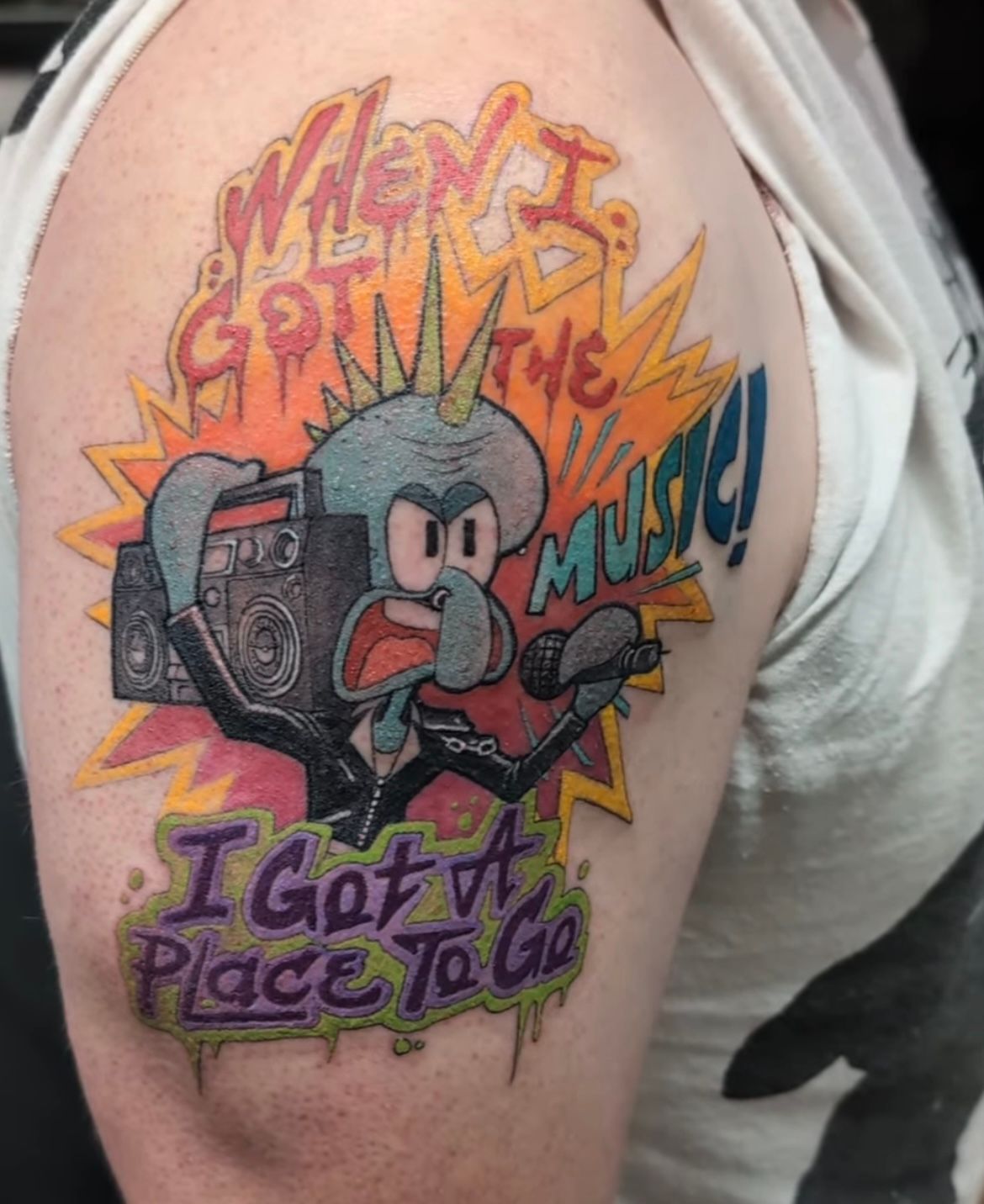 Punk Rock Squidward Tattoo by Kevin Sherritt at Black Gold Tattoo Co in Edmonton Alberta Canada