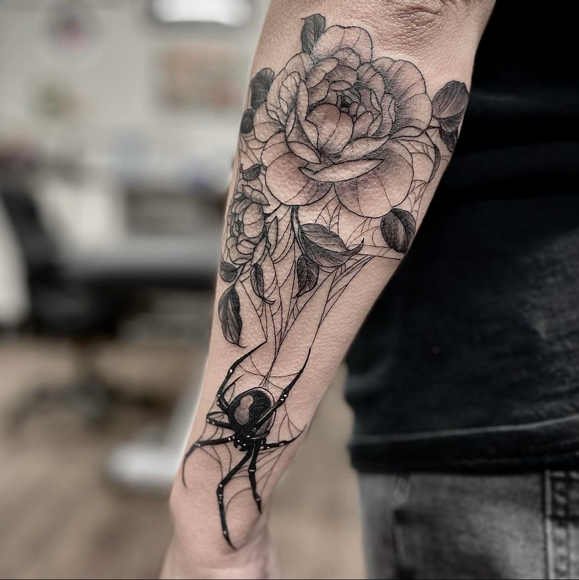 Spider and Peony Tattoo by Jess Alther at Black Gold Tattoo Co in Edmonton Alberta Canada