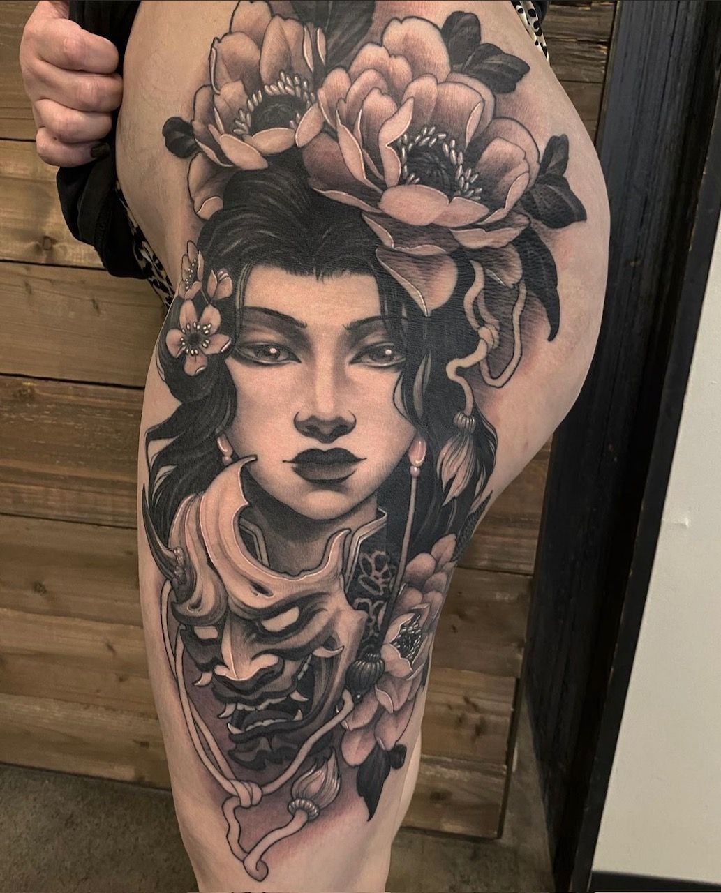 Geisha and Peonies Tattoo by Sasha Day at Crimson Empire Tattoo in Edmonton Alberta Canada