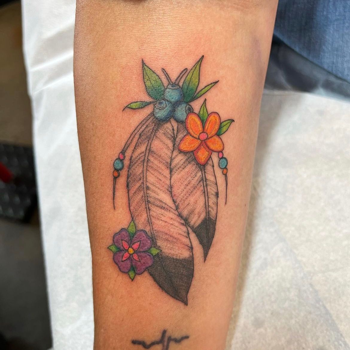 Feathers, Flowers, and Blueberries Tattoo by Vinny Nguyen at Crimson Empire Tattoo in Edmonton Alberta Canada