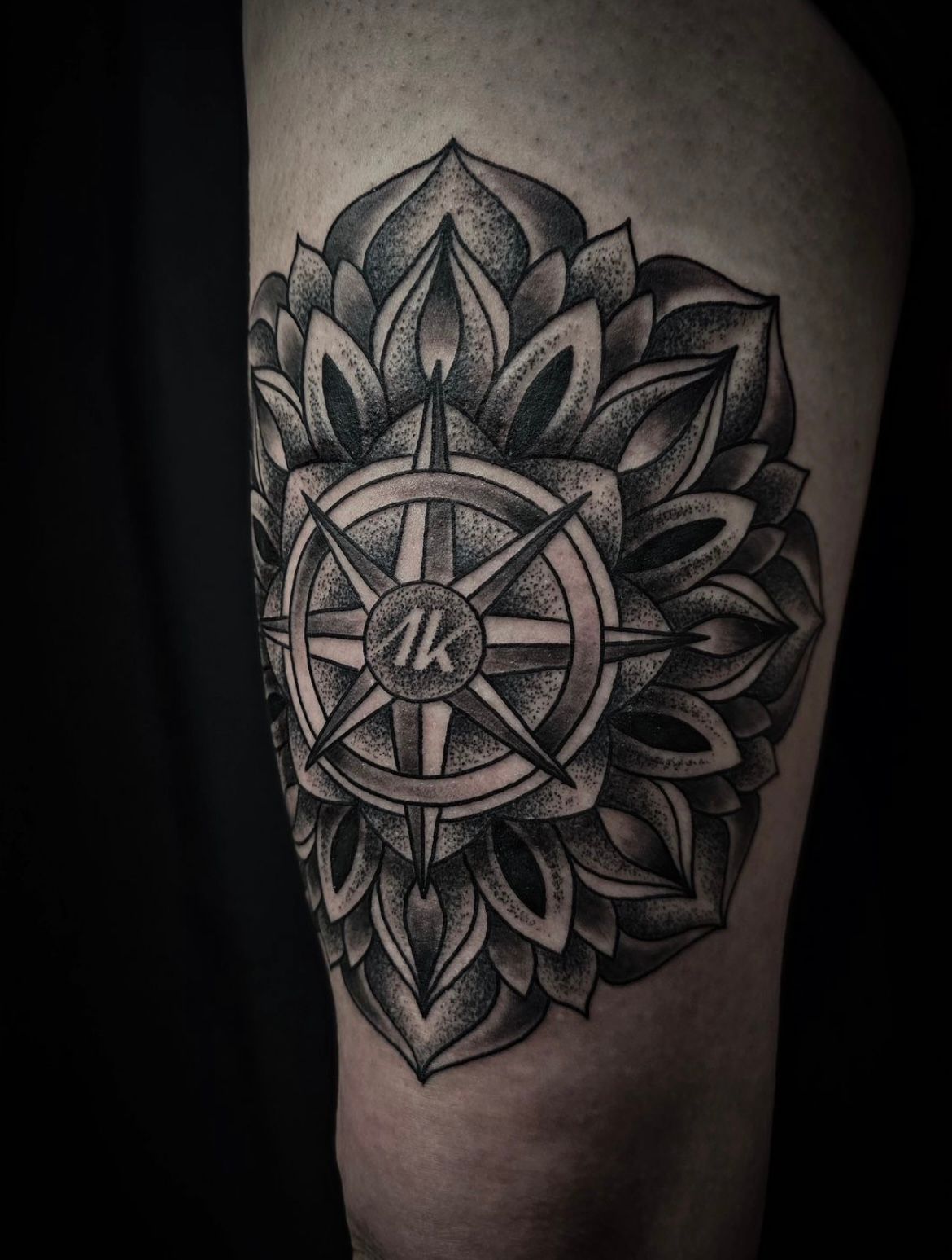 Mandala with Initials Tattoo by Alex Arnautov at Black Gold Tattoo Co in Edmonton Alberta Canada