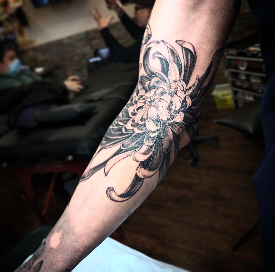 Chrysanthemum Tattoo by Amber Strange at Silver Ghost Tattoo in Edmonton Alberta Canada