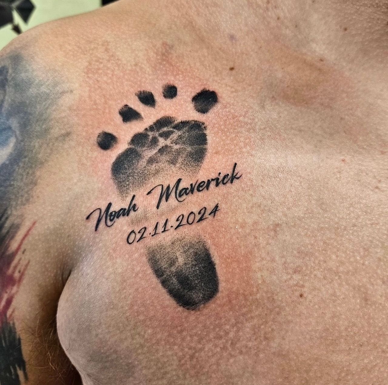 Footprint and Script Tattoo by Ian Wang at Black Gold Tattoo Co in Edmonton Alberta Canada