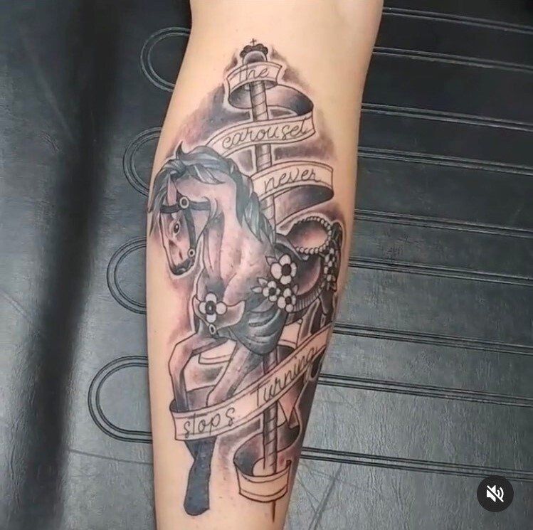 Carousel Horse Tattoo by Trevor Pelletier at Black Gold Tattoo Co in Edmonton Alberta Canada
