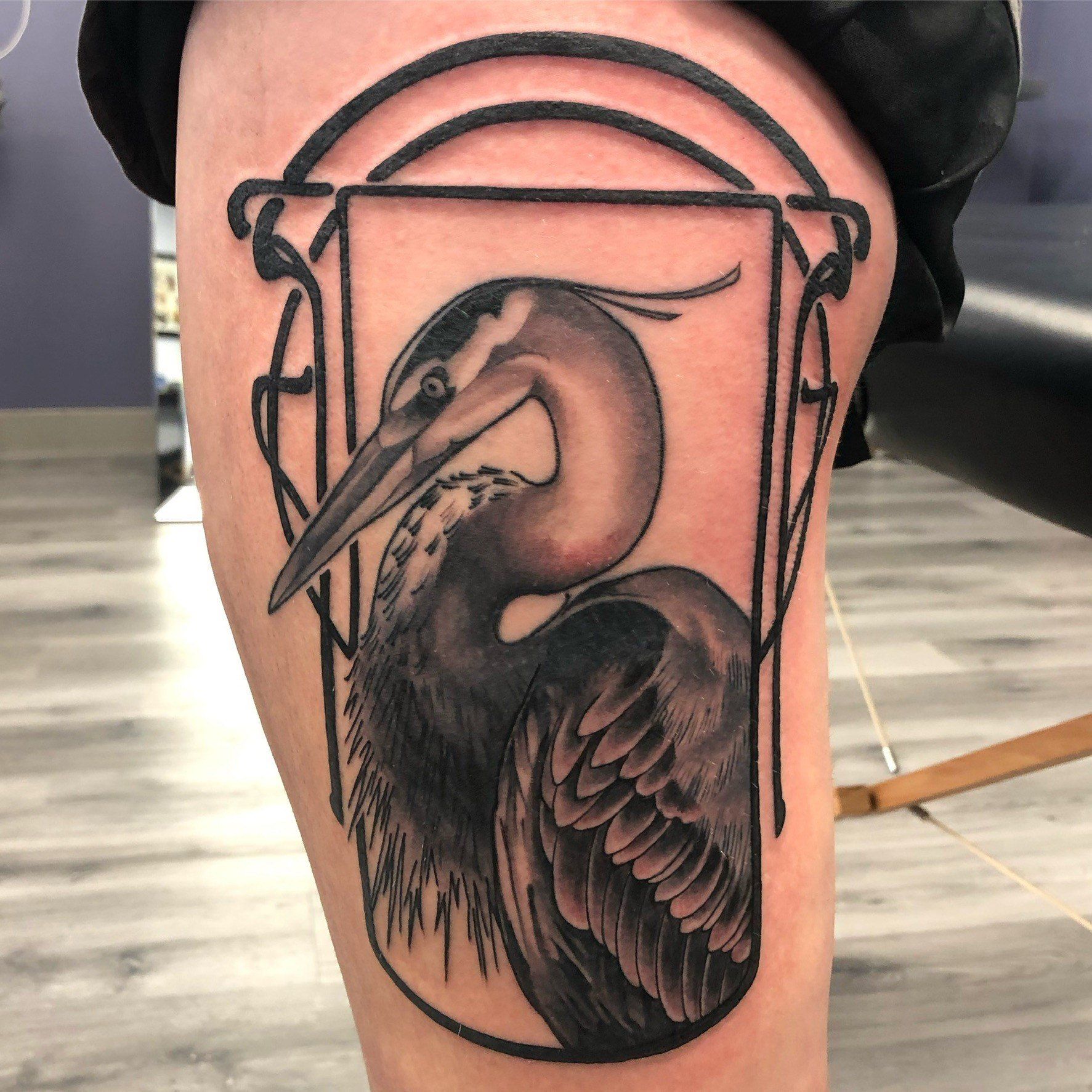 Crane Tattoo by Trevor Pelletier at Black Gold Tattoo Co in Edmonton Alberta Canada