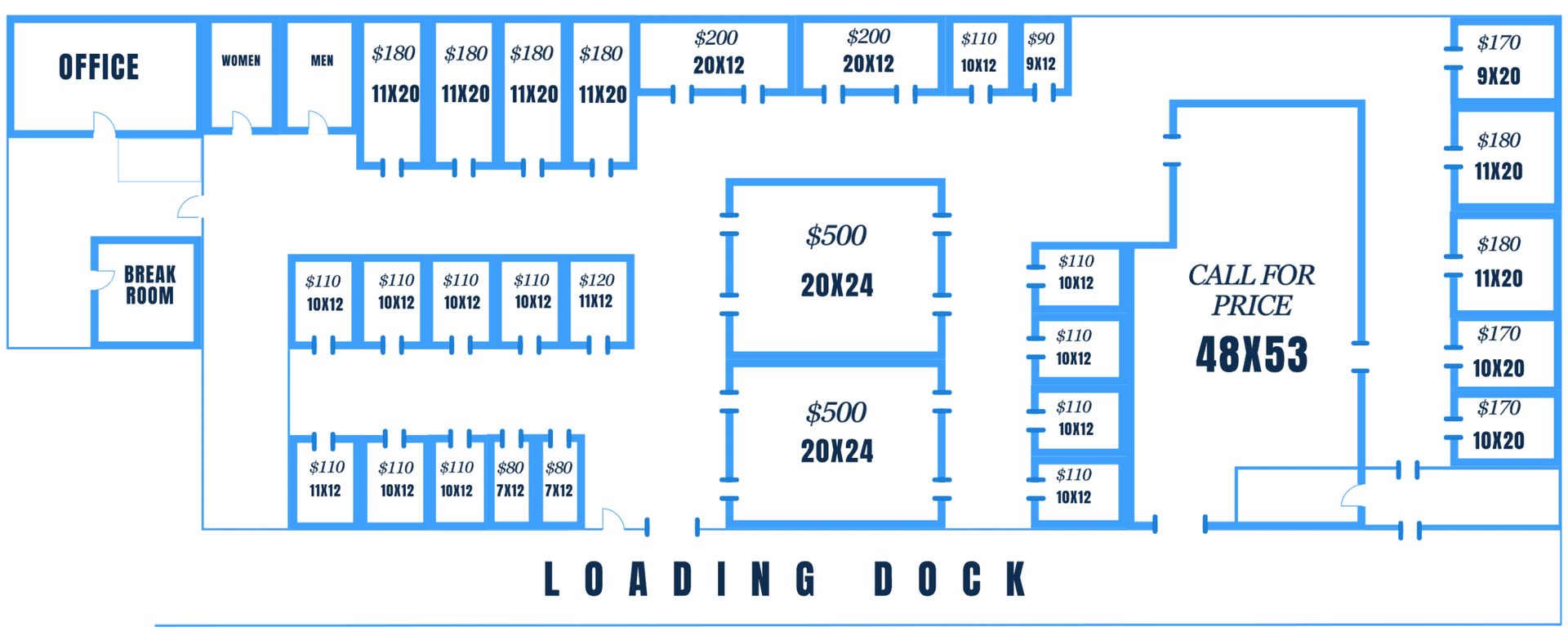 A blue and white floor plan of a loading dock