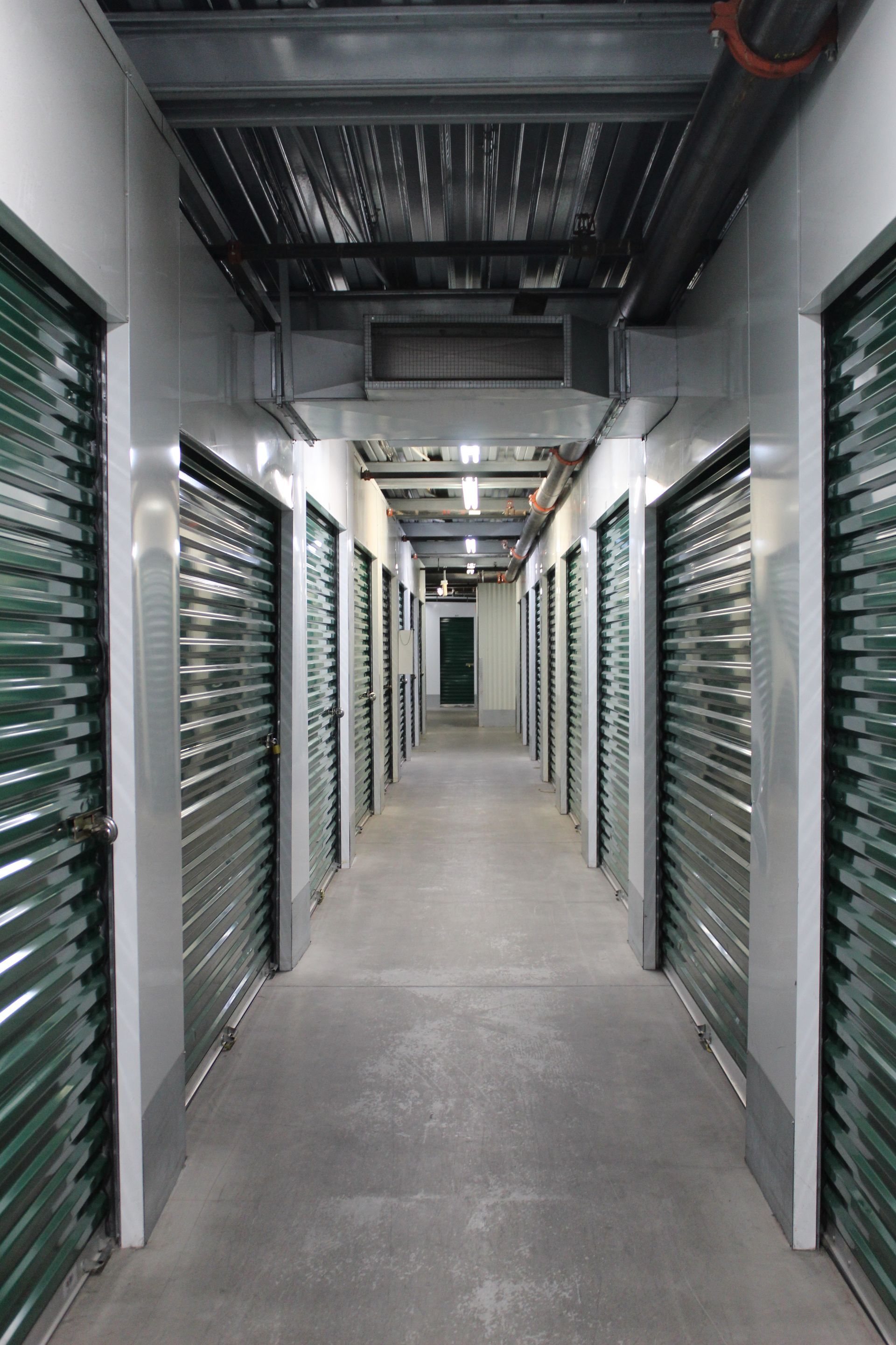 A long hallway with a lot of green doors
