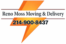 Logo for Reno Moss Moving & Delivery with text and phone number 214-900-8437 layered over an orange lightning bolt.