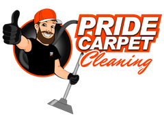 The logo for pride carpet cleaning shows a man holding a mop and giving a thumbs up.