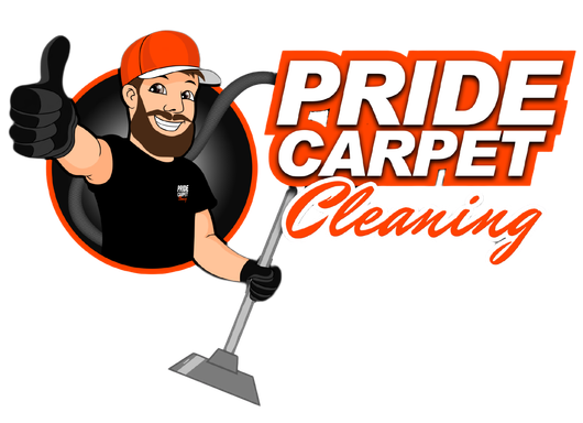 The logo for pride carpet cleaning shows a man holding a mop and giving a thumbs up.