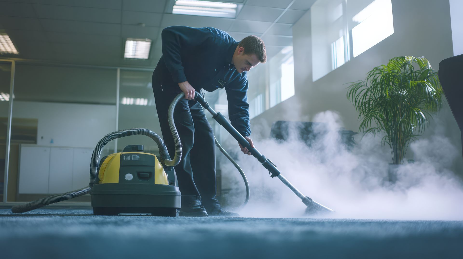 A man is using a vacuum cleaner to clean a carpet in an office.