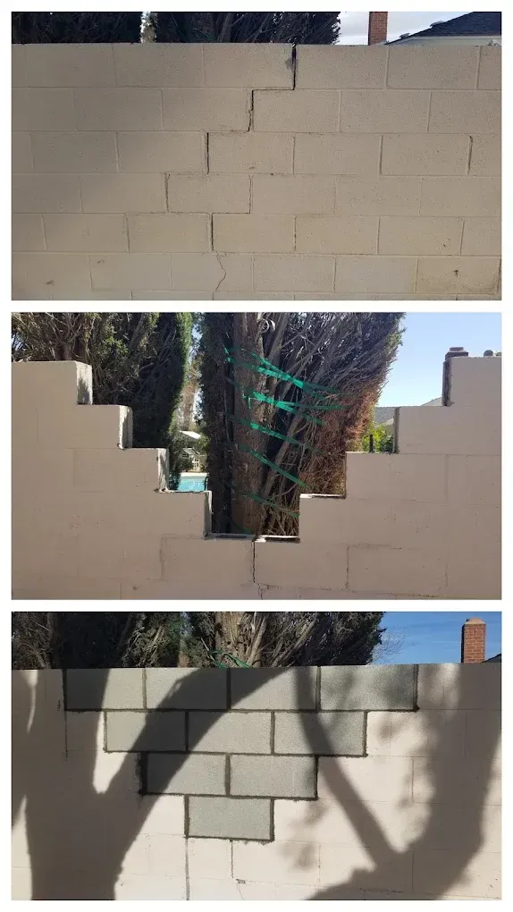 Three images showing a deteriorating concrete block wall.