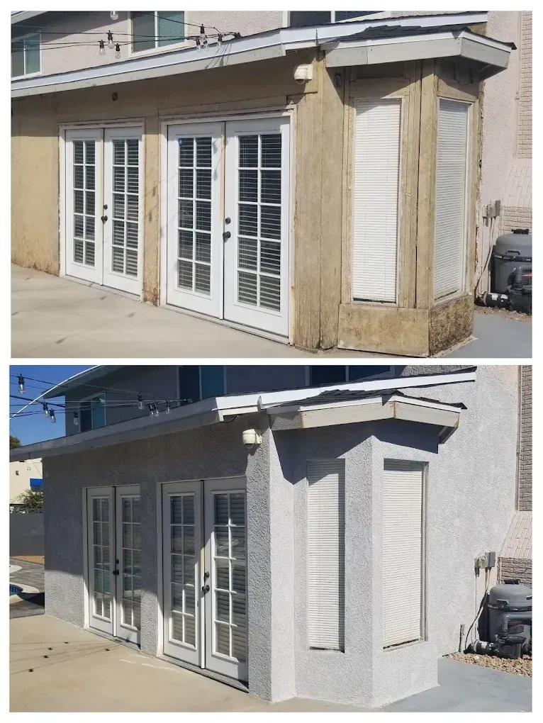 Before and after exterior renovation of a building with white doors and gray stucco.