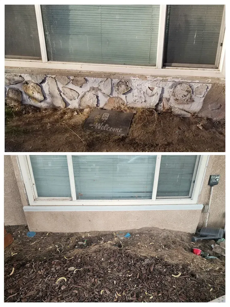 Before and after of a home's exterior base. The first picture shows exposed stone, the second shows tan stucco.