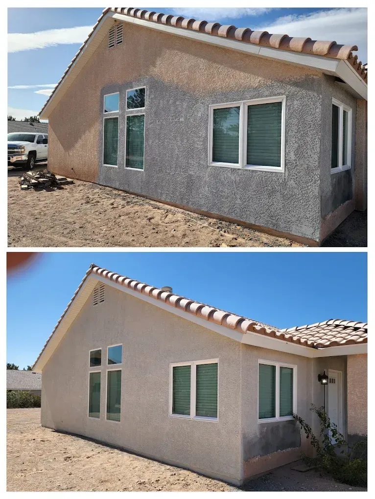 Comparison of a house exterior before and after stucco repair.