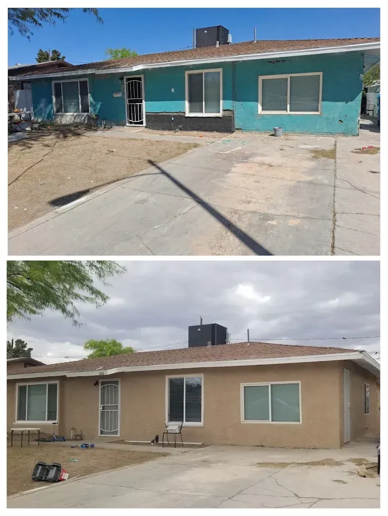 Before and after photos of a one-story house. 