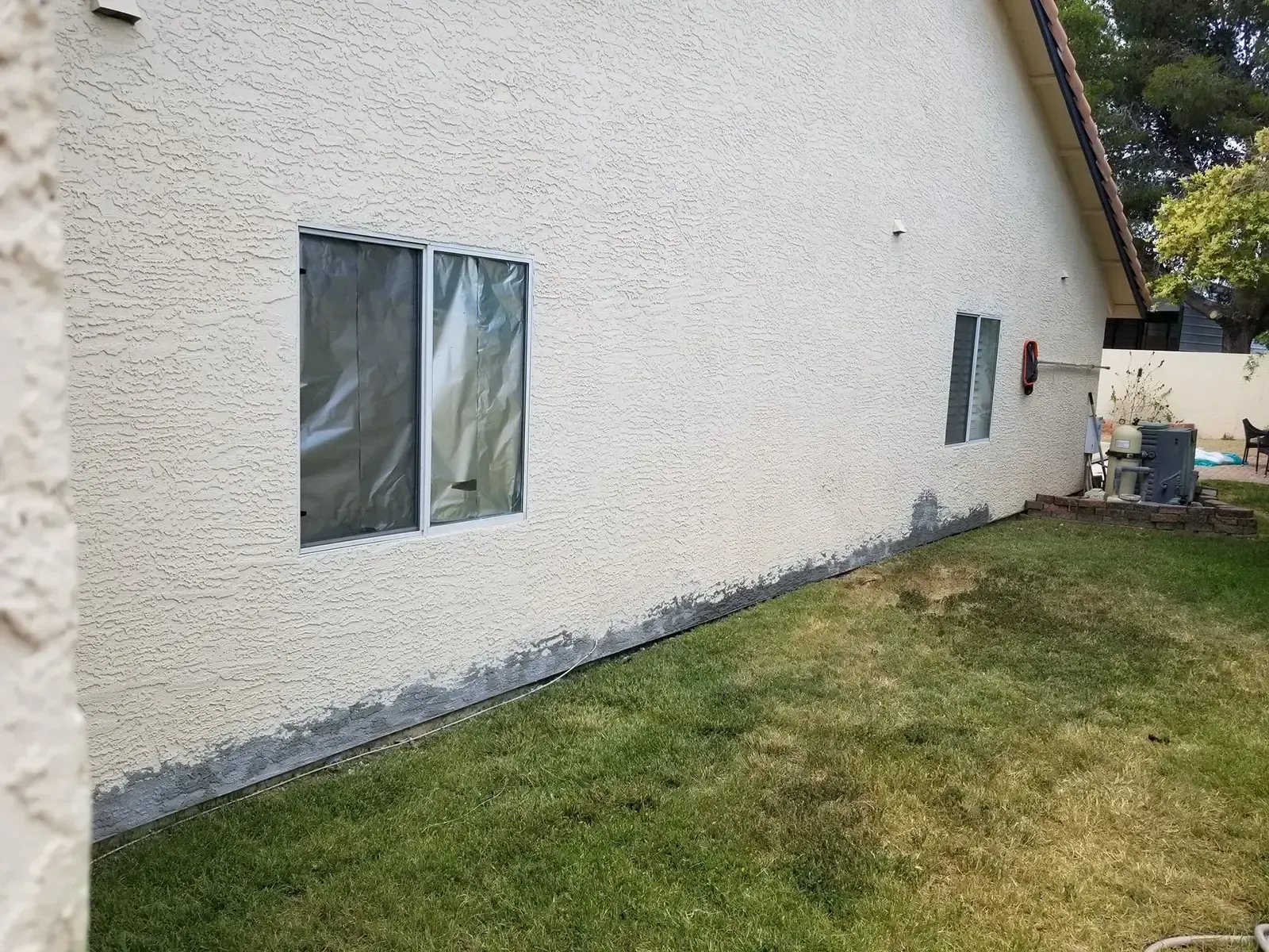 Exterior house wall with two windows, overgrown grass, and discoloration at the base.