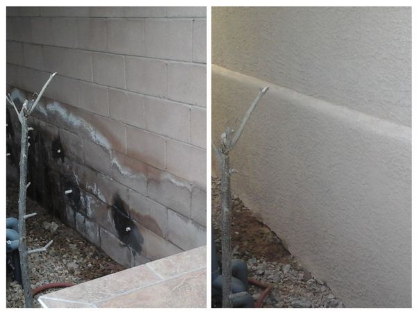 Before and after of a wall with water damage repaired; beige stucco, pebble ground.