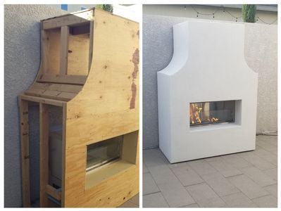 Before and after of a fireplace.