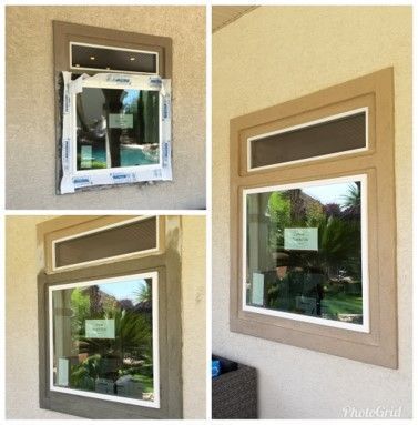 Window installation sequence: new window with brown trim, various stages of work.