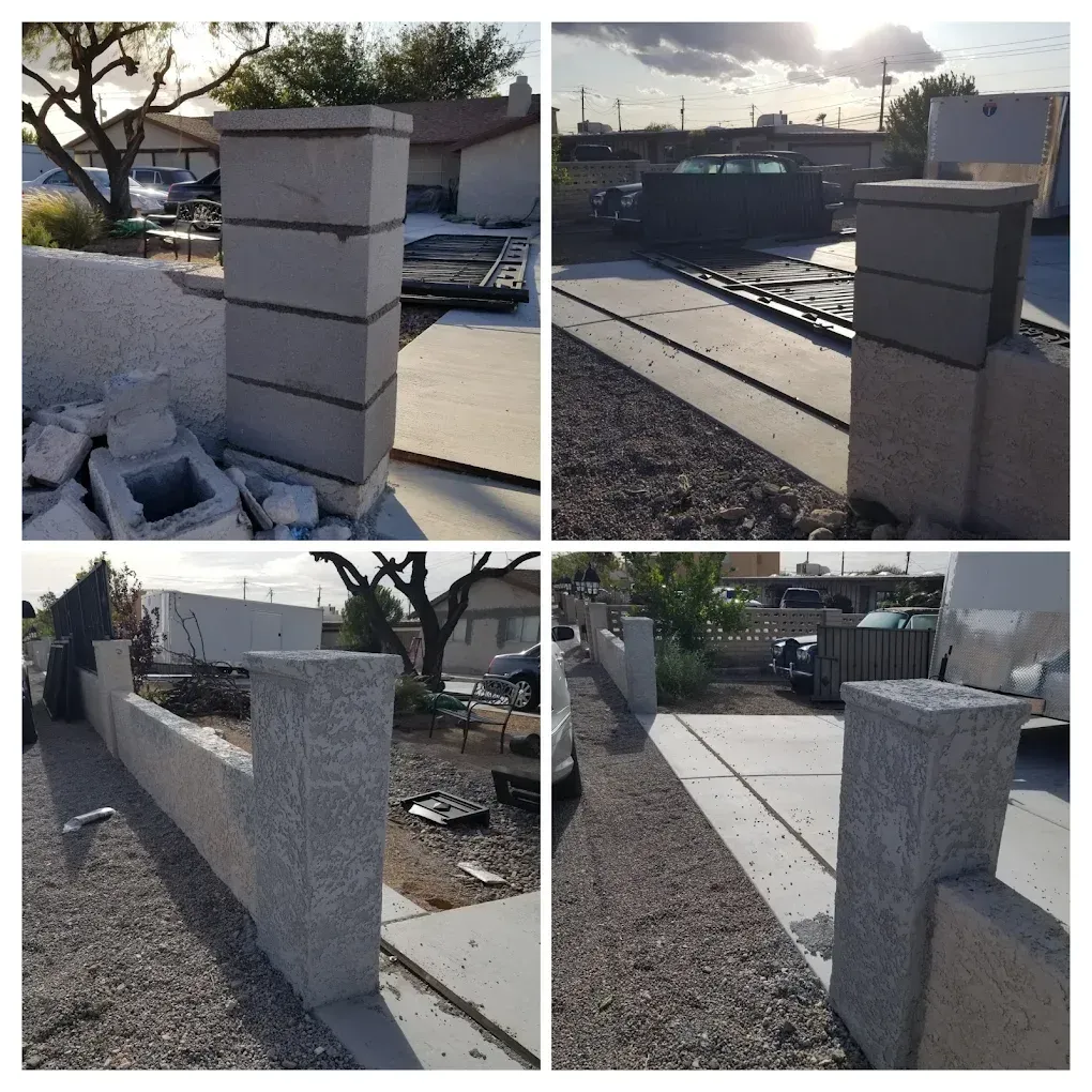Four photos show the construction of a light gray concrete fence with pillars near a residential driveway.